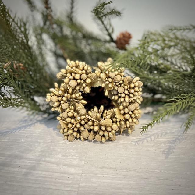 Golden Beaded Berry Mini Wreath-Candle Ring - 4.5"Di