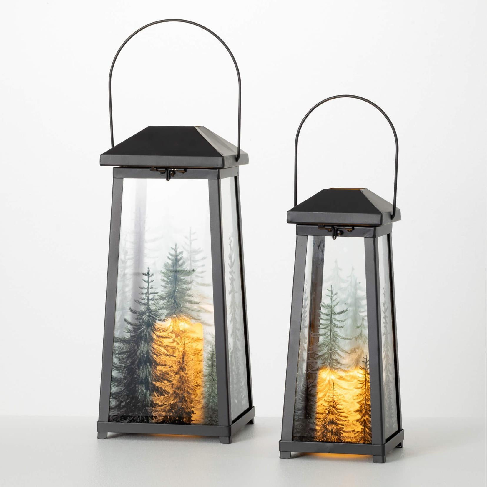 Black Christmas Lantern and Candle with Trees