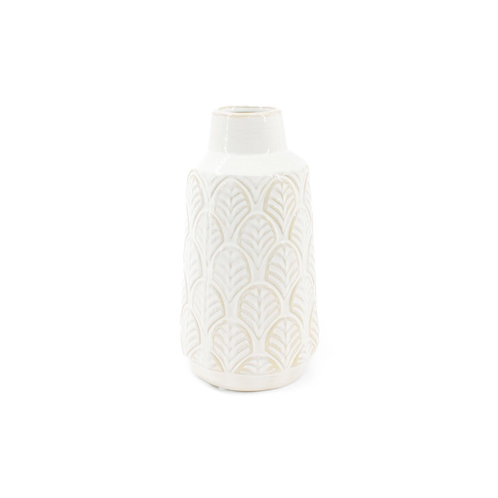 White Leaf Engraved Ceramic Vase