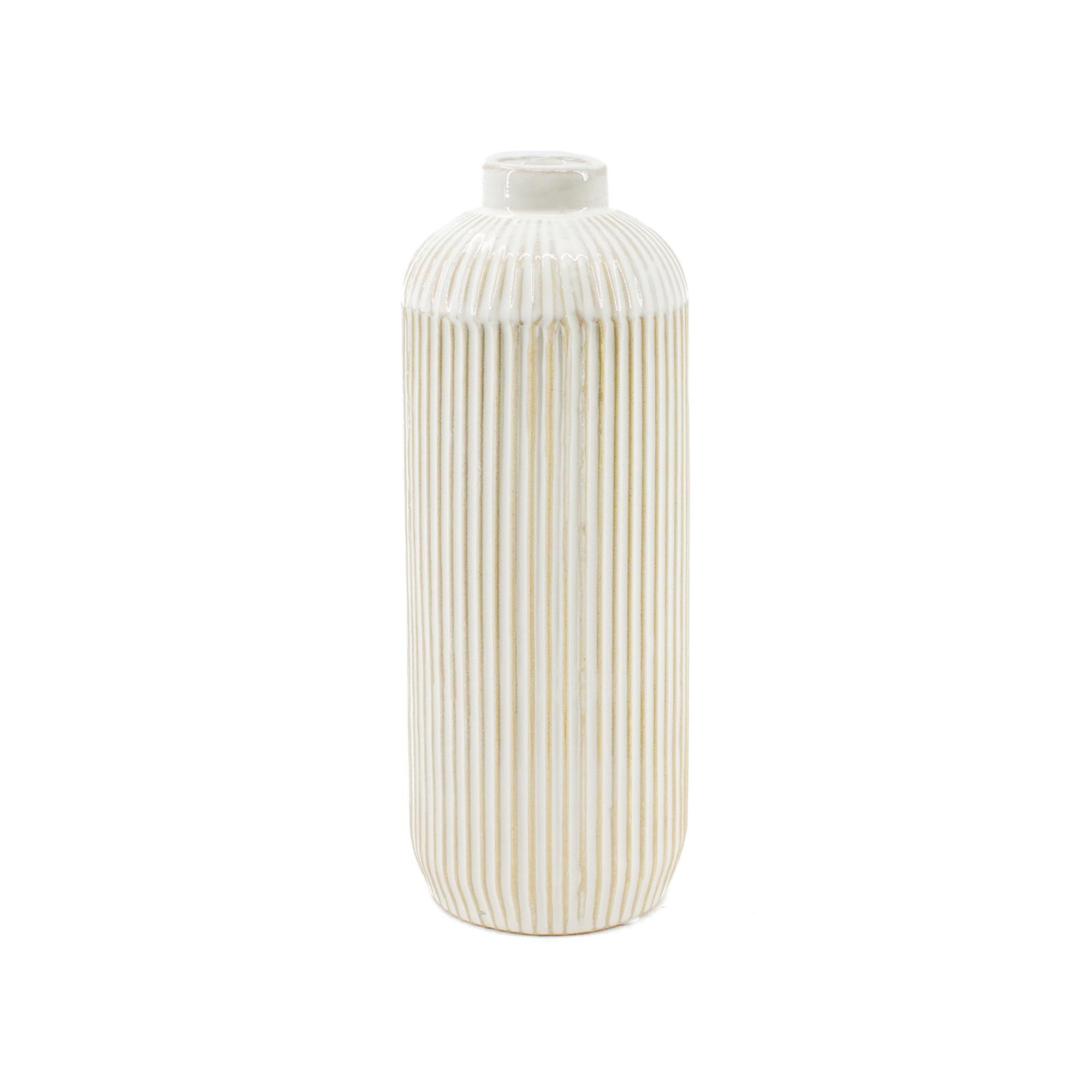White Line Engraved Ceramic Vase - 9"H