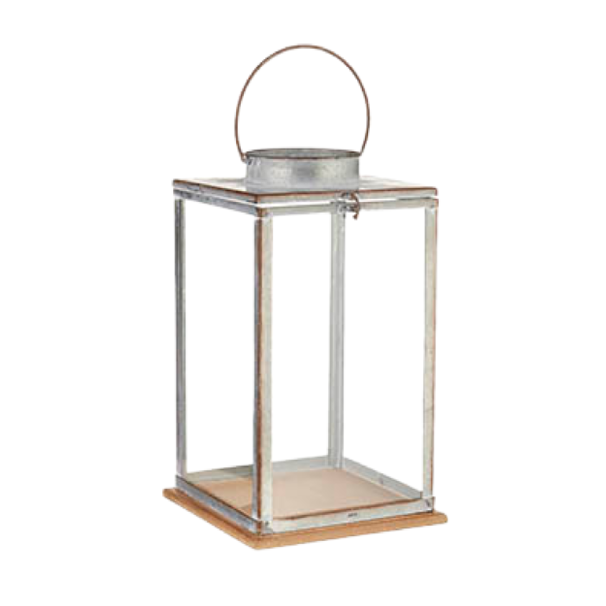 Galvanized Square Lantern on Wood Base