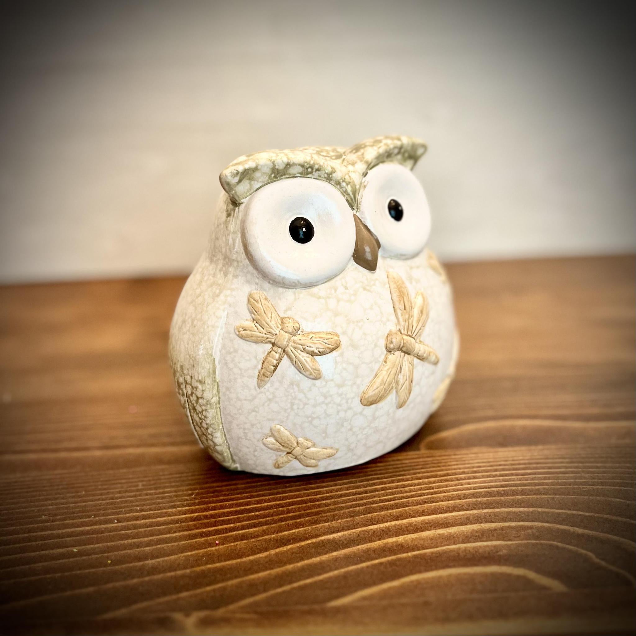 Ceramic Owl with Dragonflies - Short - 5.5"H