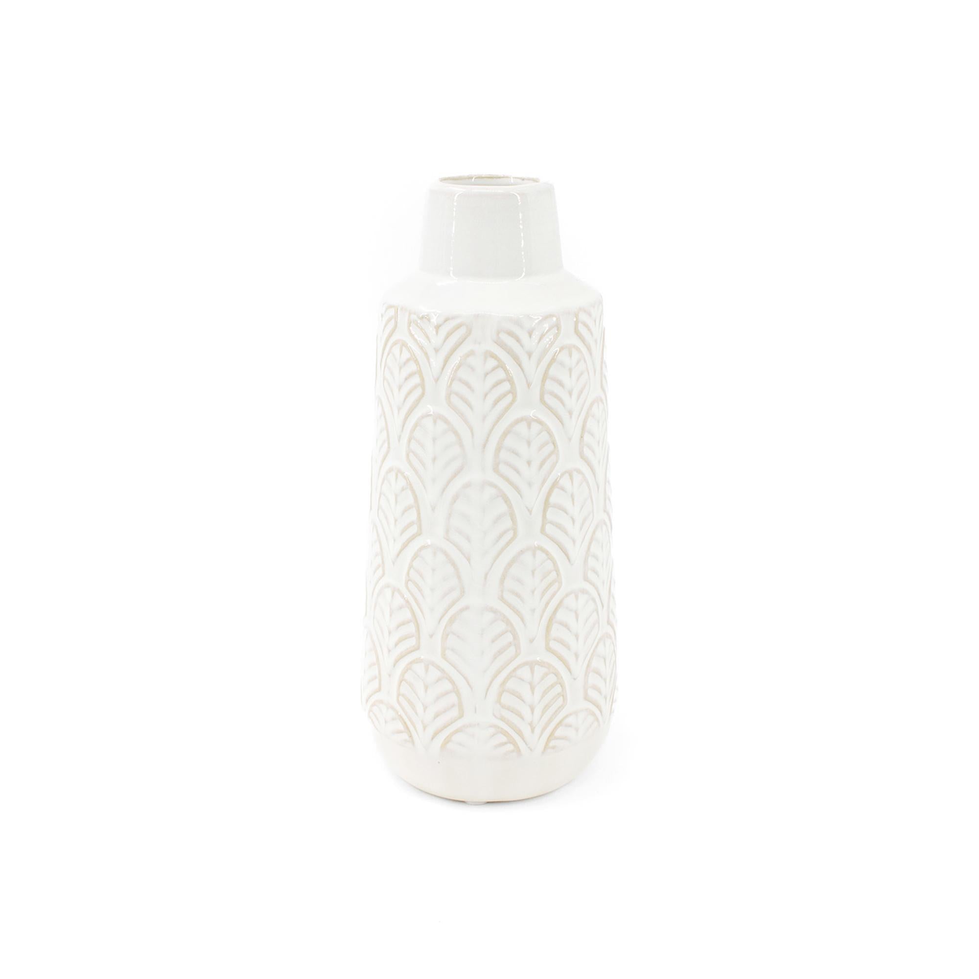 White Leaf Engraved Ceramic Vase