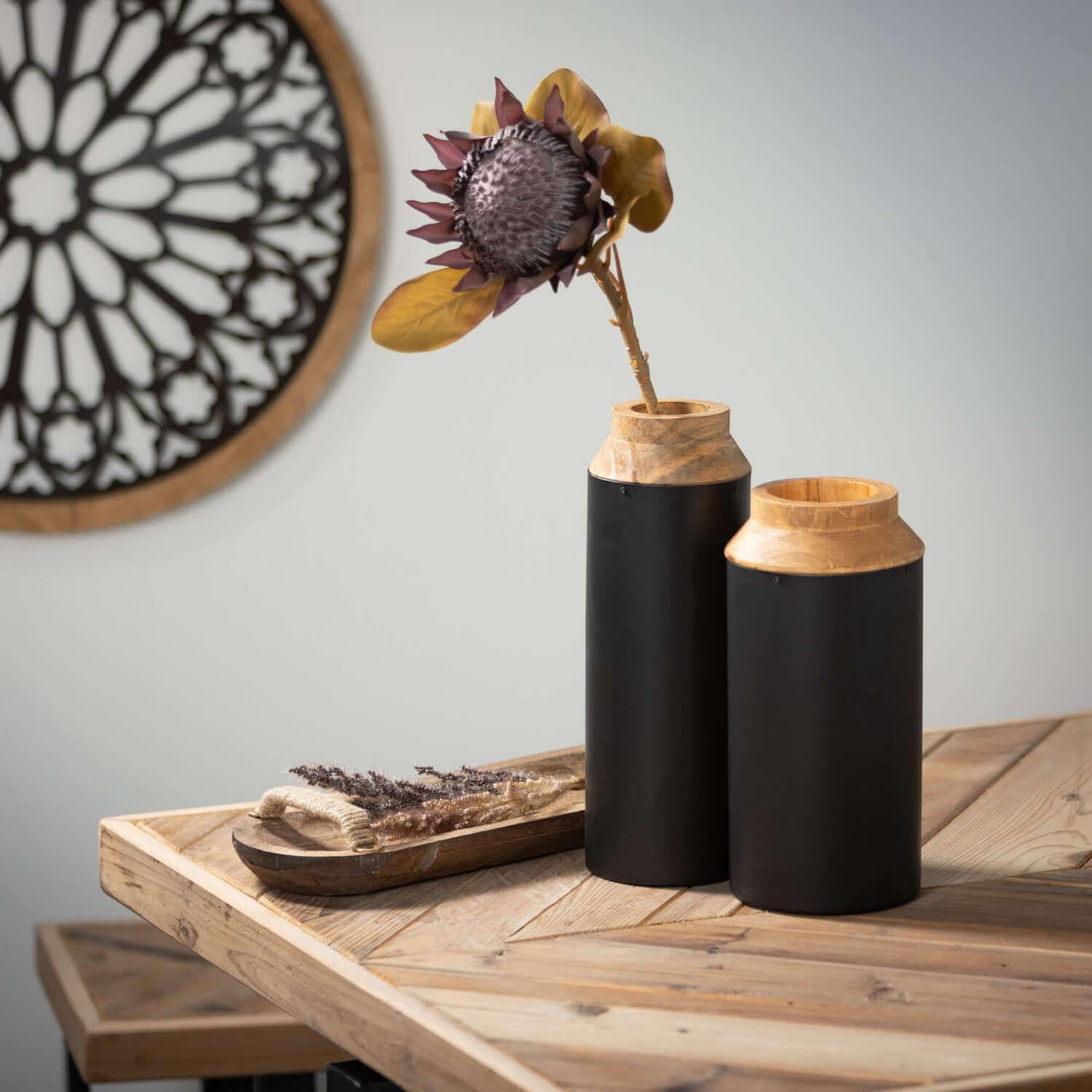 Wood and Black Metal Vase